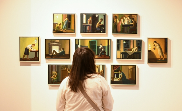 Photo of viewer looking at artwork on wall